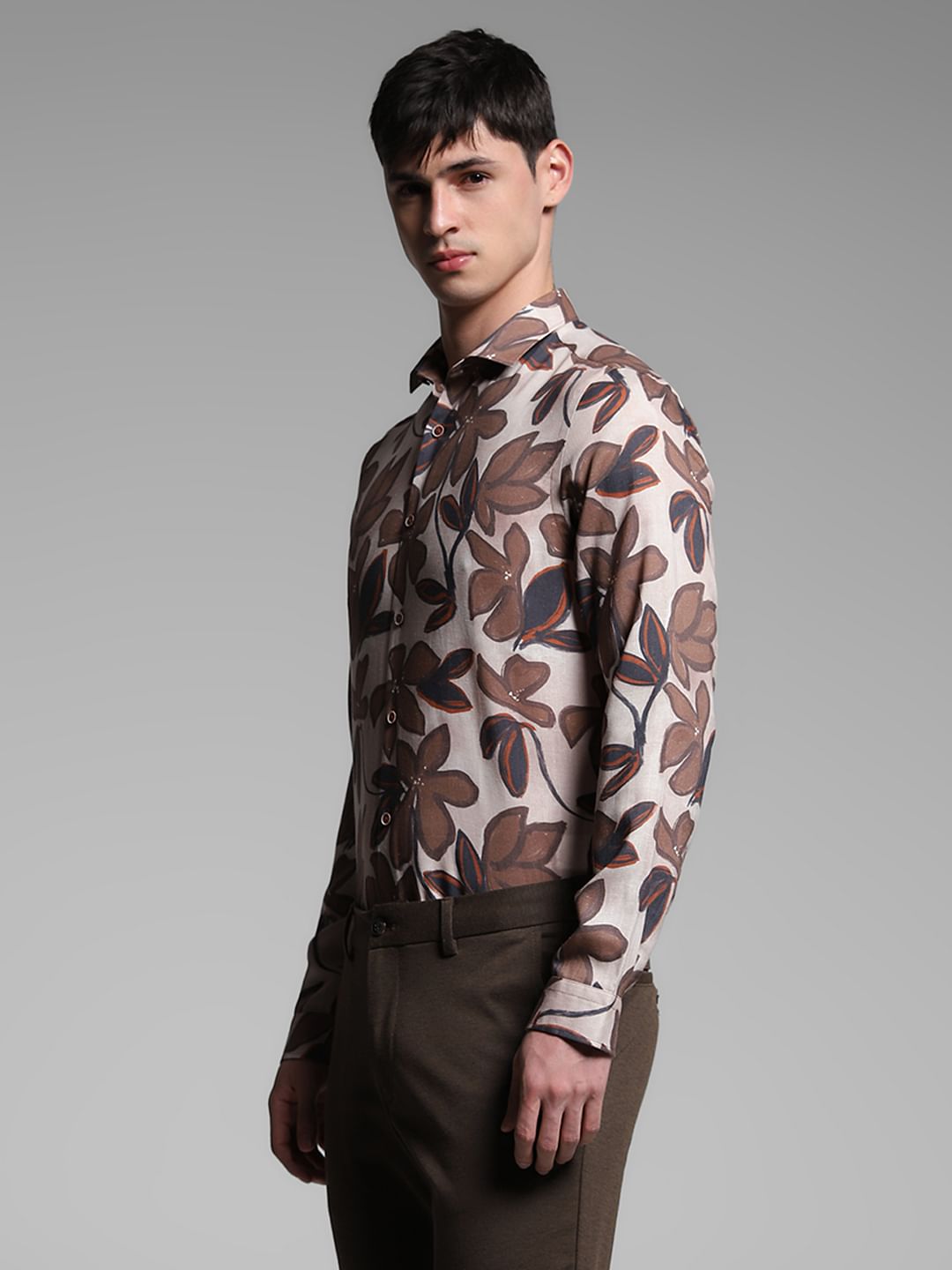 Brown Floral Lyocell Linen Shirt