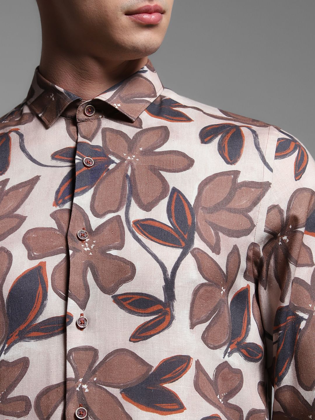 Brown Floral Lyocell Linen Shirt