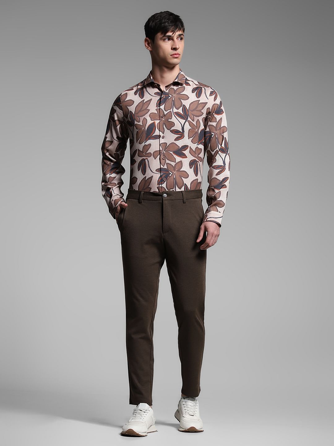 Brown Floral Lyocell Linen Shirt
