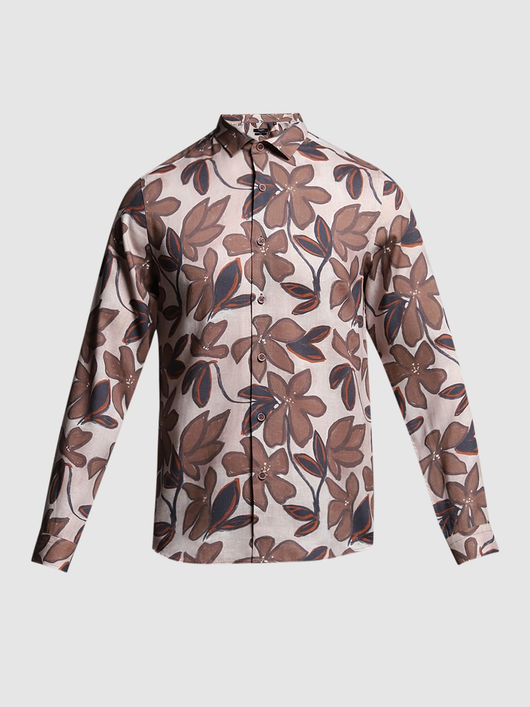 Brown Floral Lyocell Linen Shirt