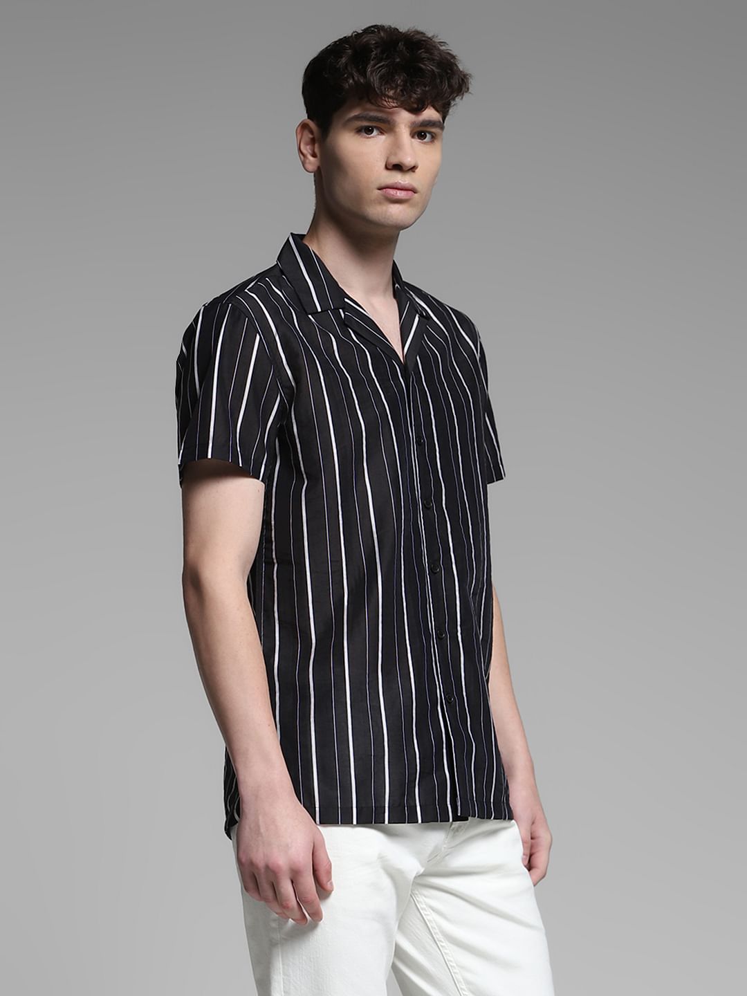 Black Striped Short Sleeves Shirt