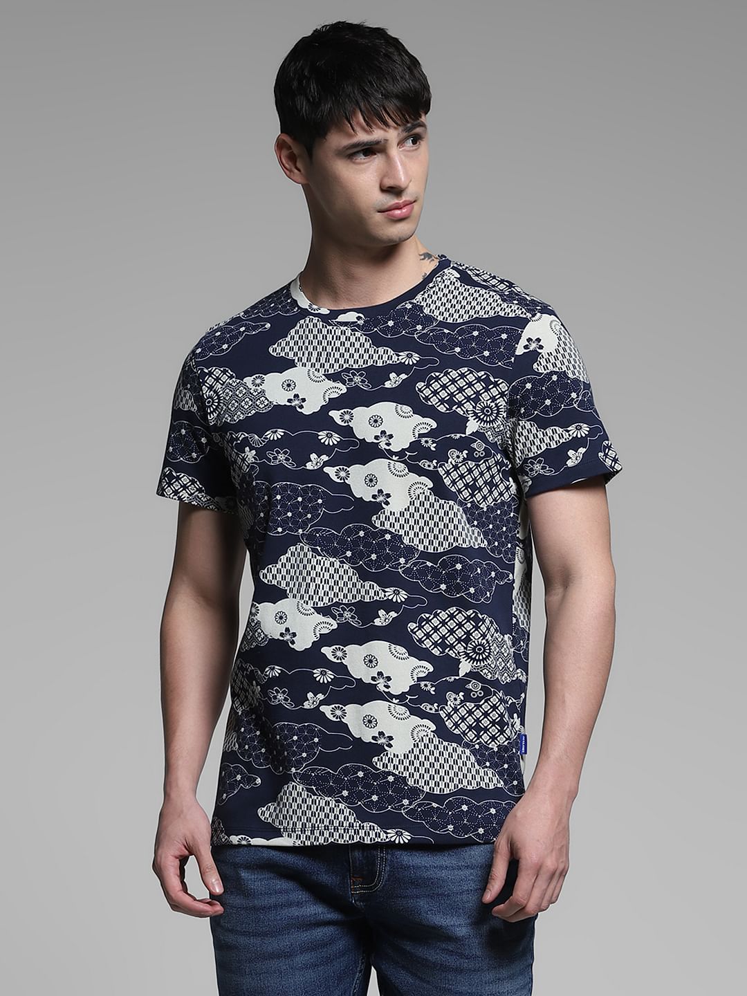 Blue Printed Cotton T-shirt