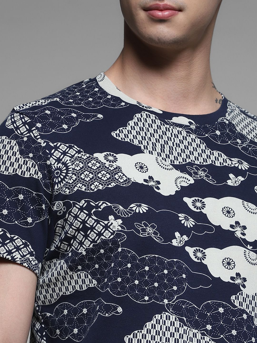 Blue Printed Cotton T-shirt