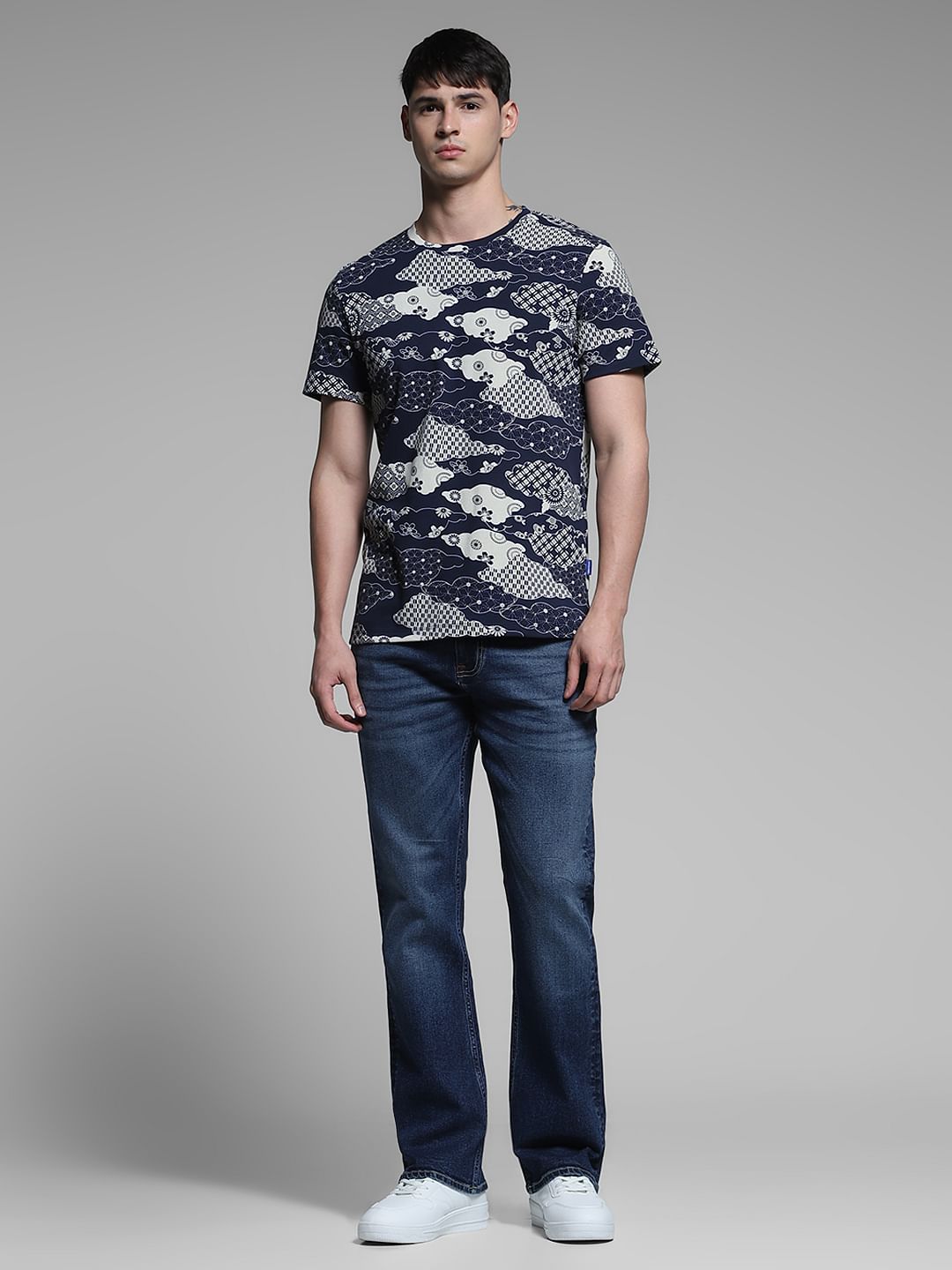 Blue Printed Cotton T-shirt