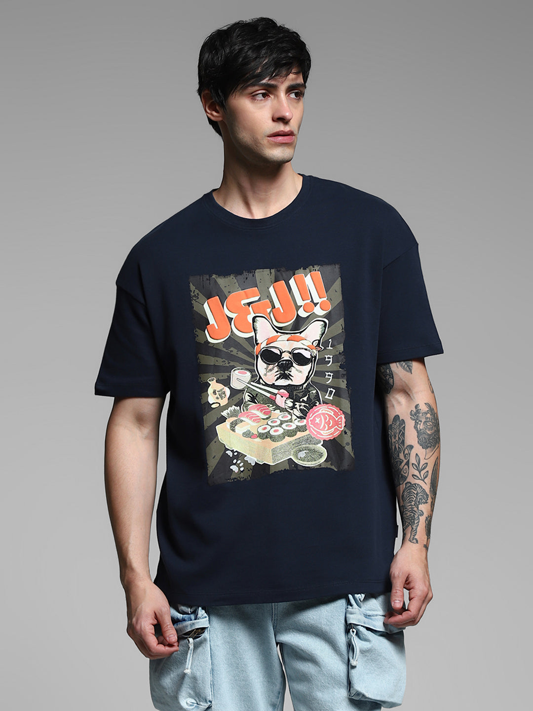 Navy Blue Printed Cotton T-shirt