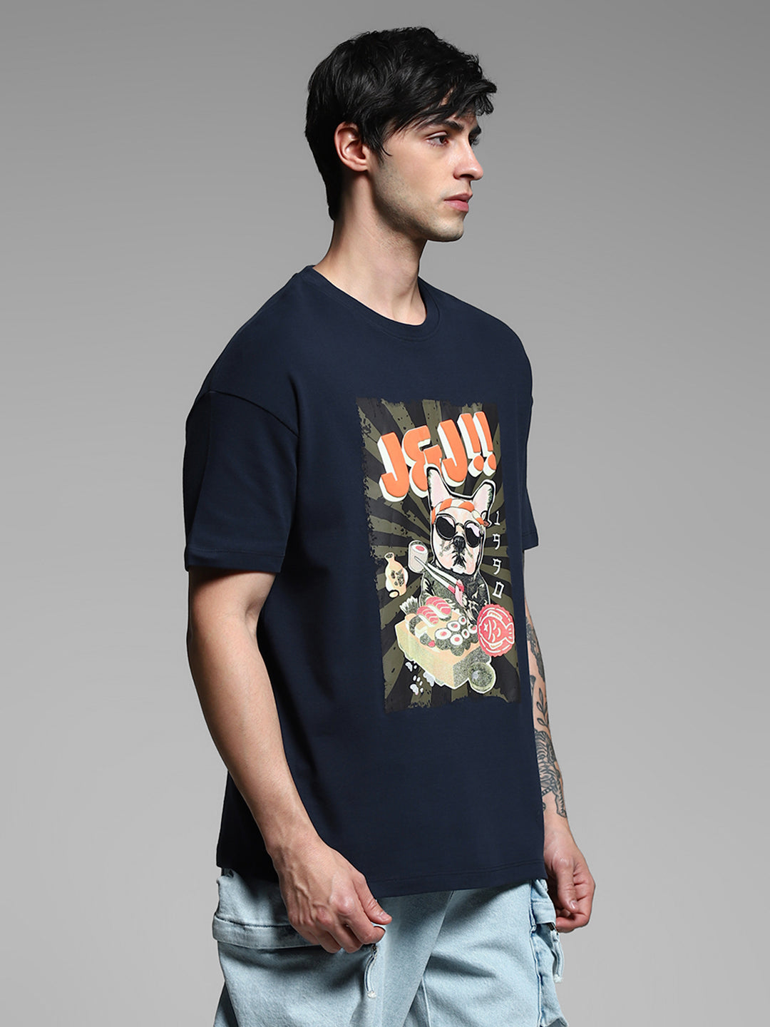 Navy Blue Printed Cotton T-shirt