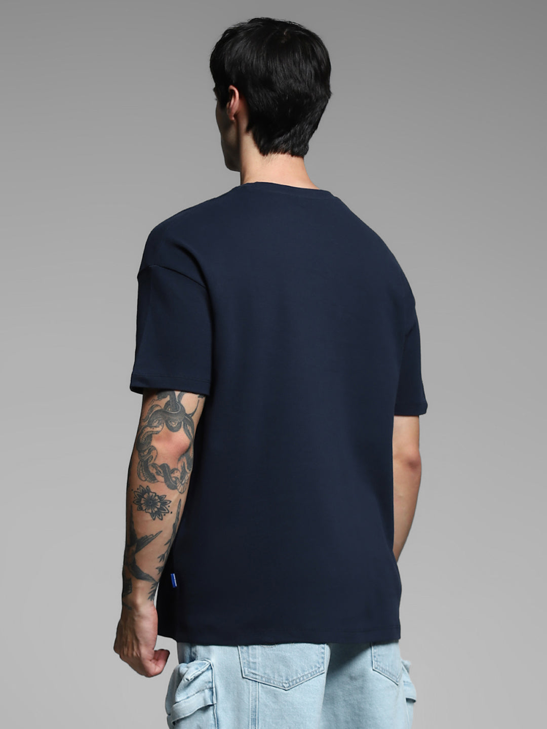 Navy Blue Printed Cotton T-shirt