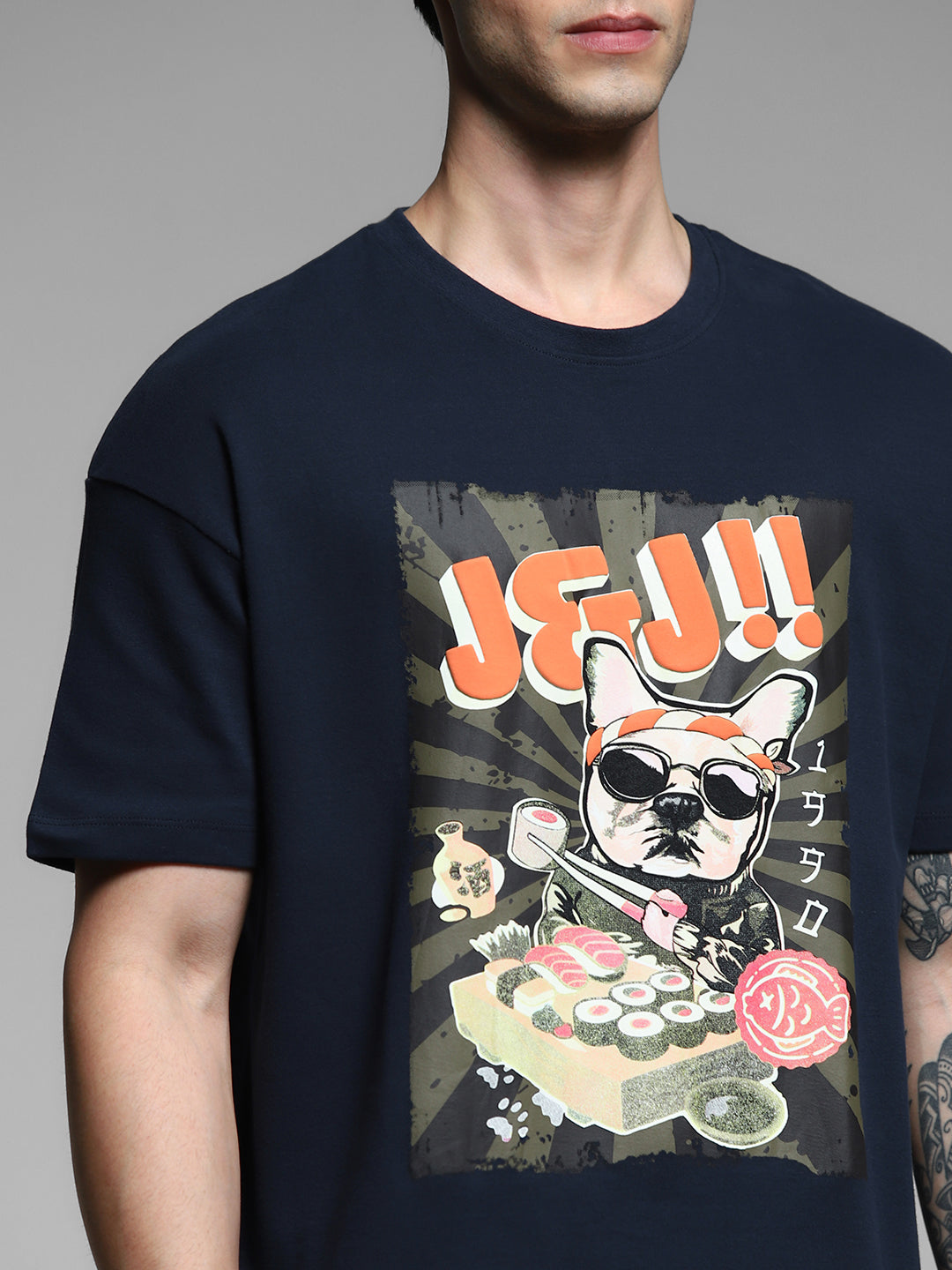 Navy Blue Printed Cotton T-shirt