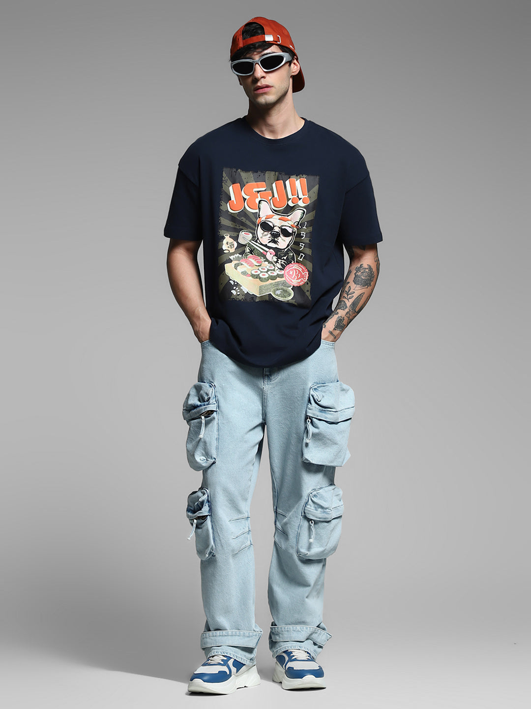 Navy Blue Printed Cotton T-shirt