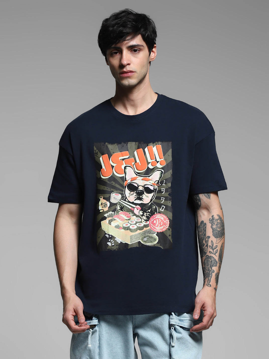 Navy Blue Printed Cotton T-shirt