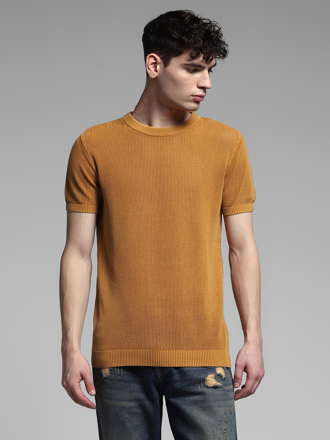 Orange Knitted Crew Neck T-shirt