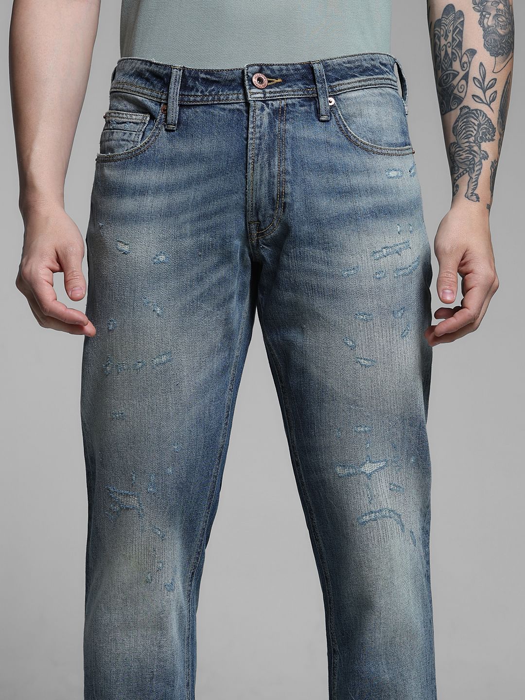 Dark Blue Low Rise Distressed Regular Fit Jeans