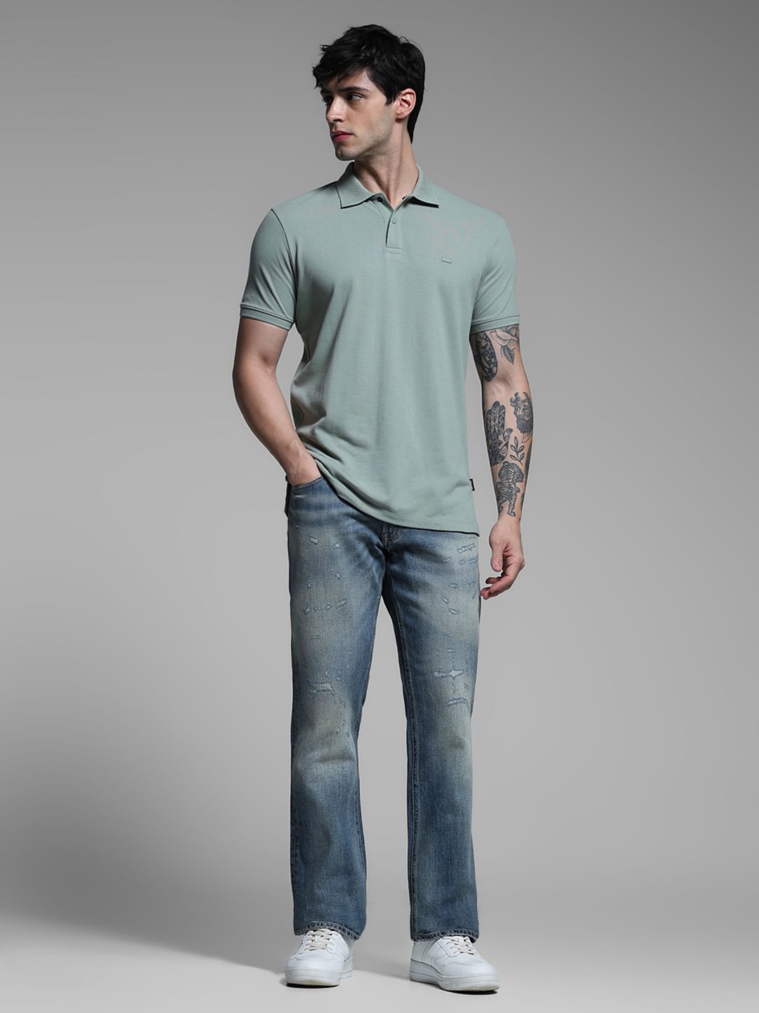 Dark Blue Low Rise Distressed Regular Fit Jeans