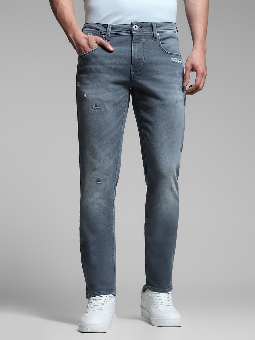 Blue Washed Distressed Slim Fit Jeans