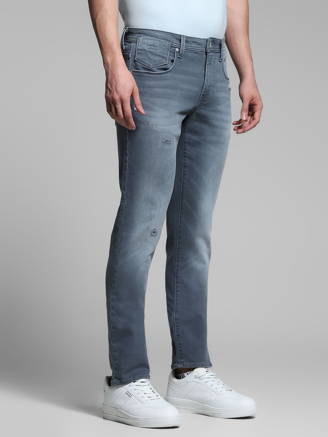 Blue Washed Distressed Slim Fit Jeans