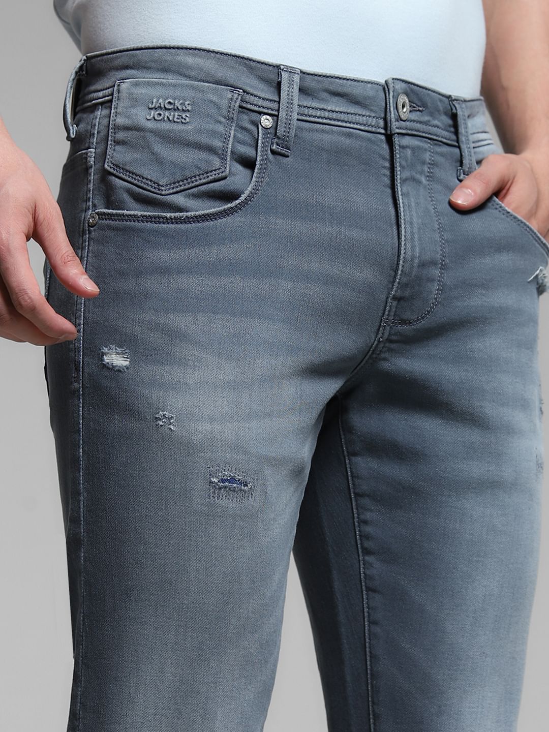 Blue Washed Distressed Slim Fit Jeans
