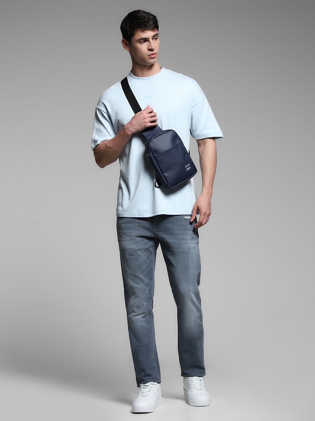 Blue Washed Distressed Slim Fit Jeans