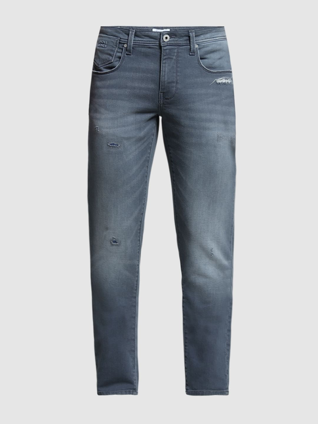 Blue Washed Distressed Slim Fit Jeans