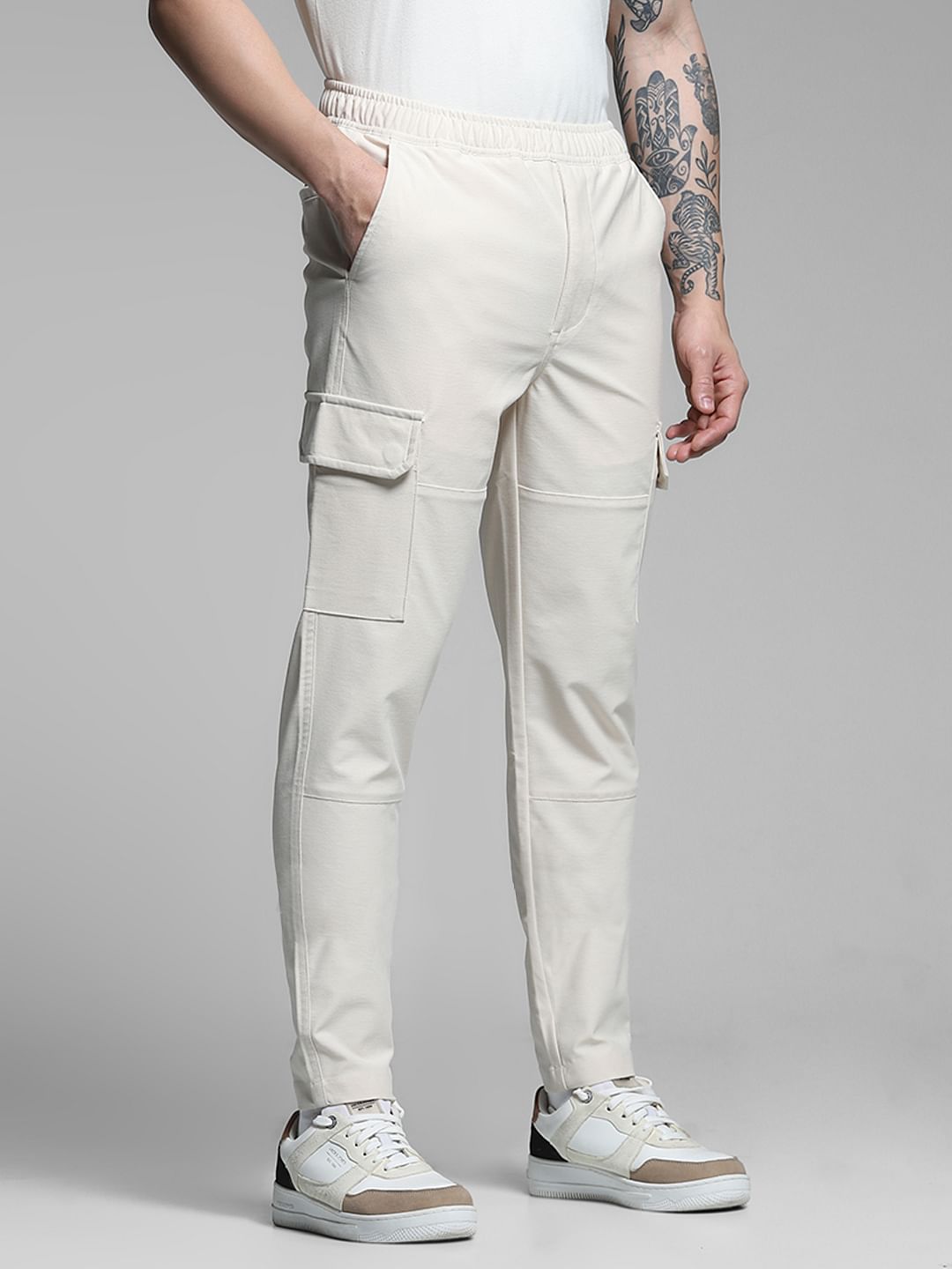 Beige Mid Rise Cargo Pants