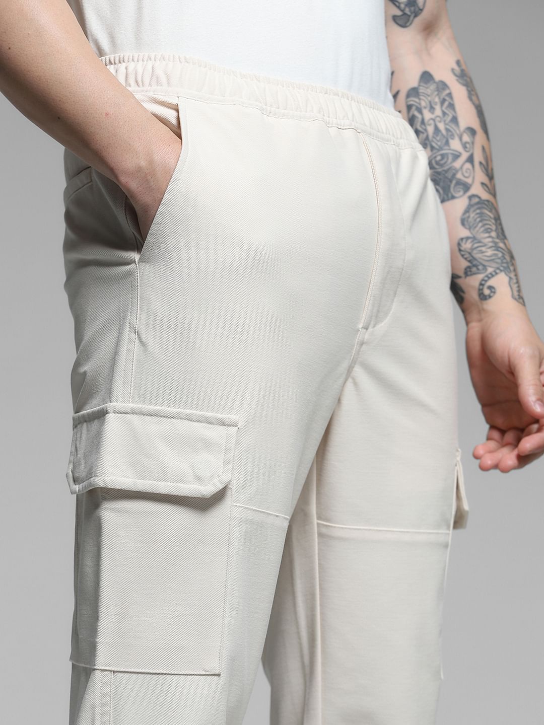 Beige Mid Rise Cargo Pants