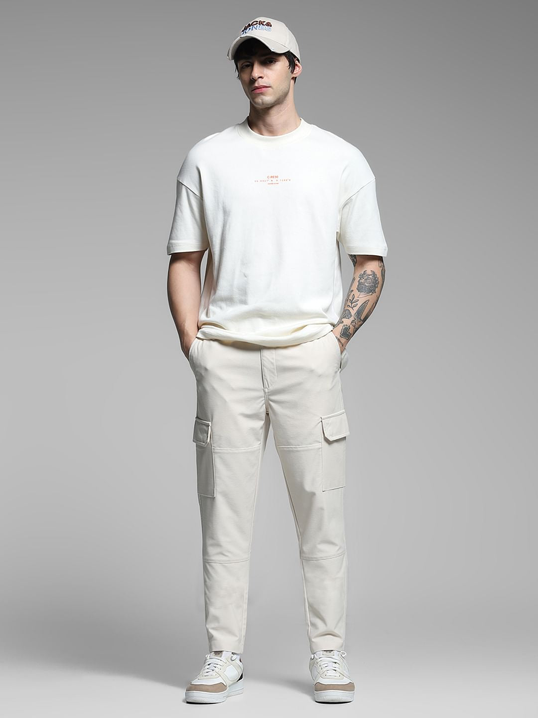 Beige Mid Rise Cargo Pants