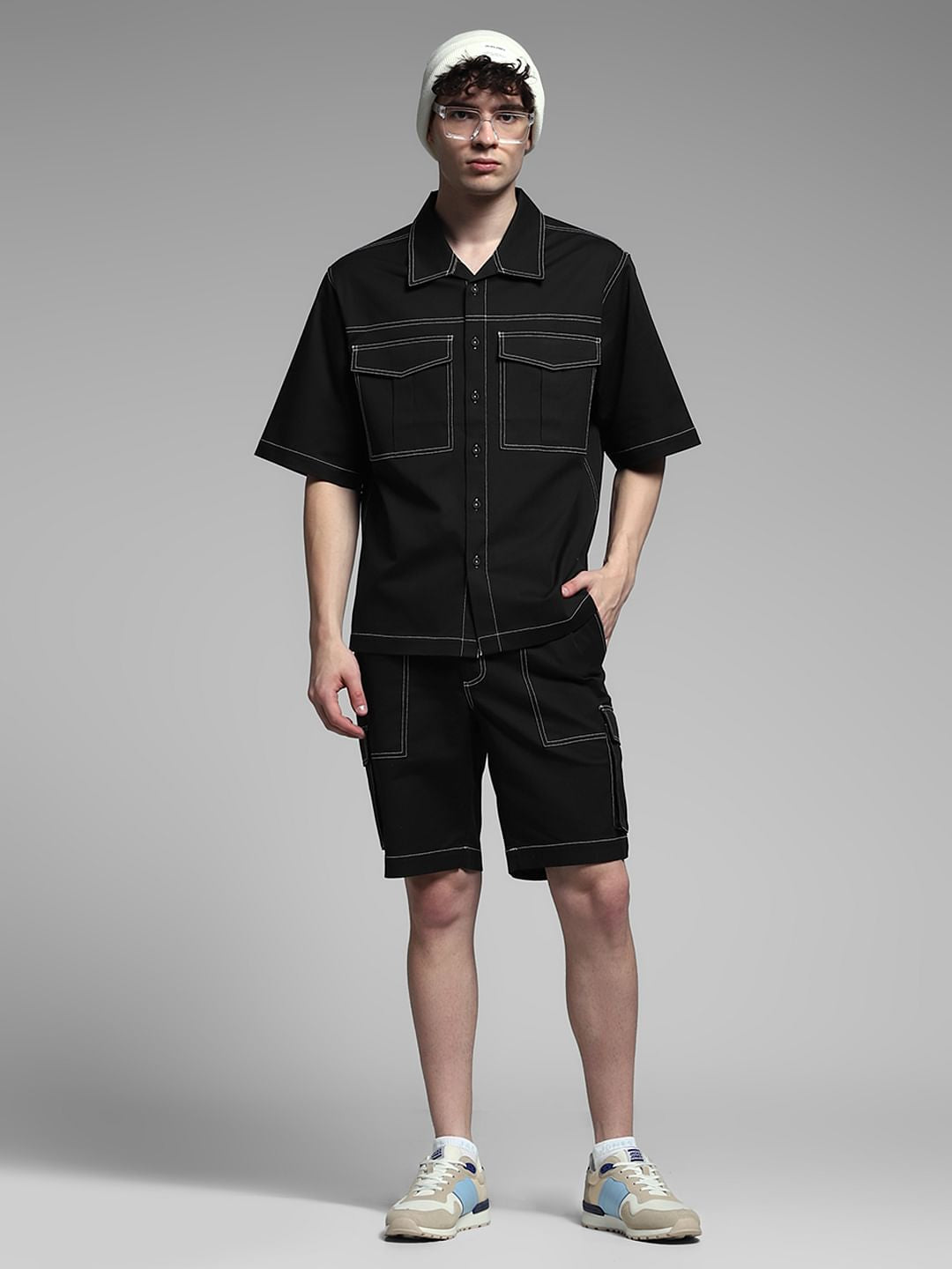 Black Contrast Stitch Co-ord Set Shorts