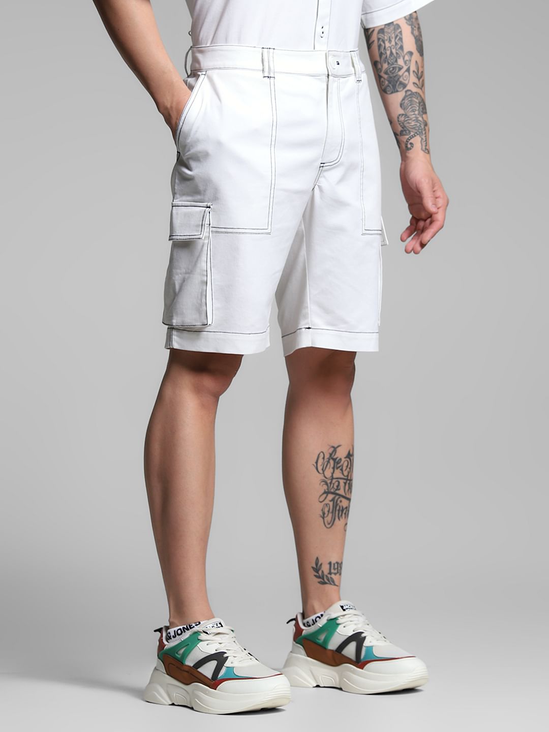 White Contrast Stitch Co-ord Set Shorts