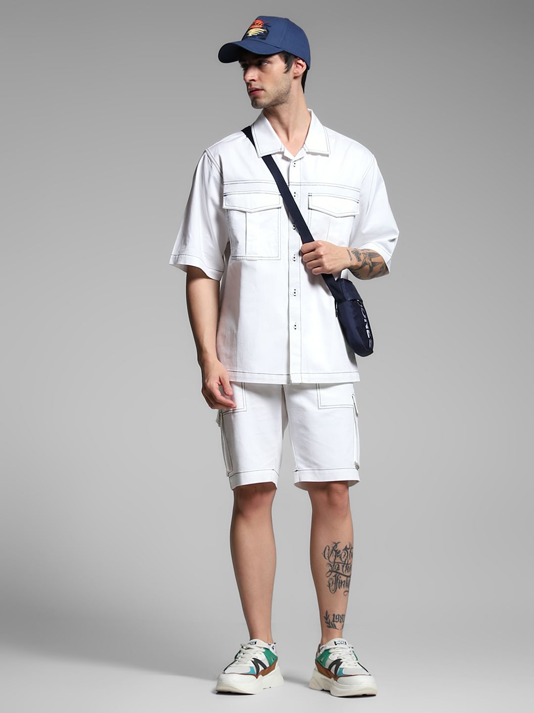 White Contrast Stitch Co-ord Set Shorts