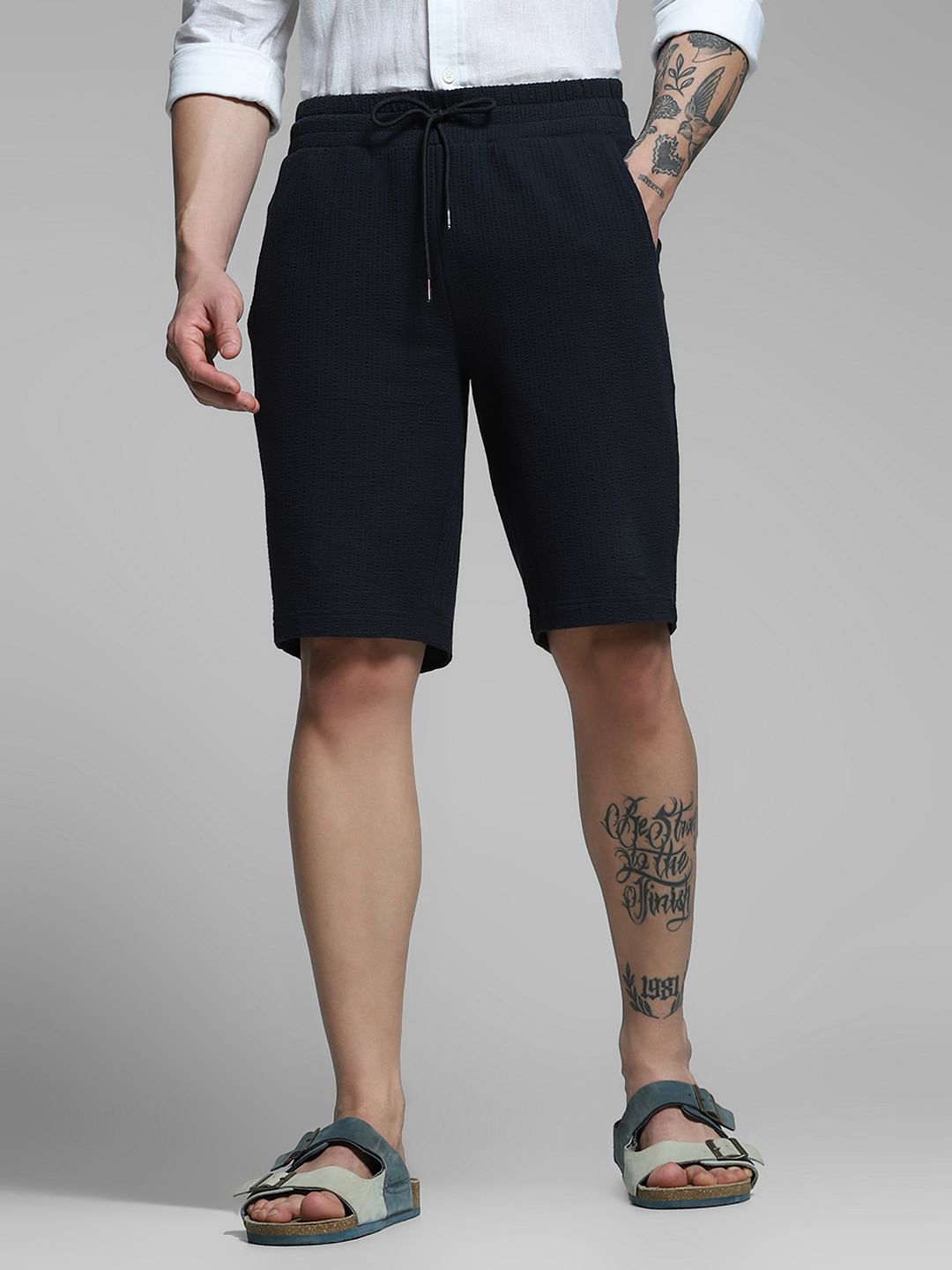 Navy Blue Mid Rise Cotton Shorts