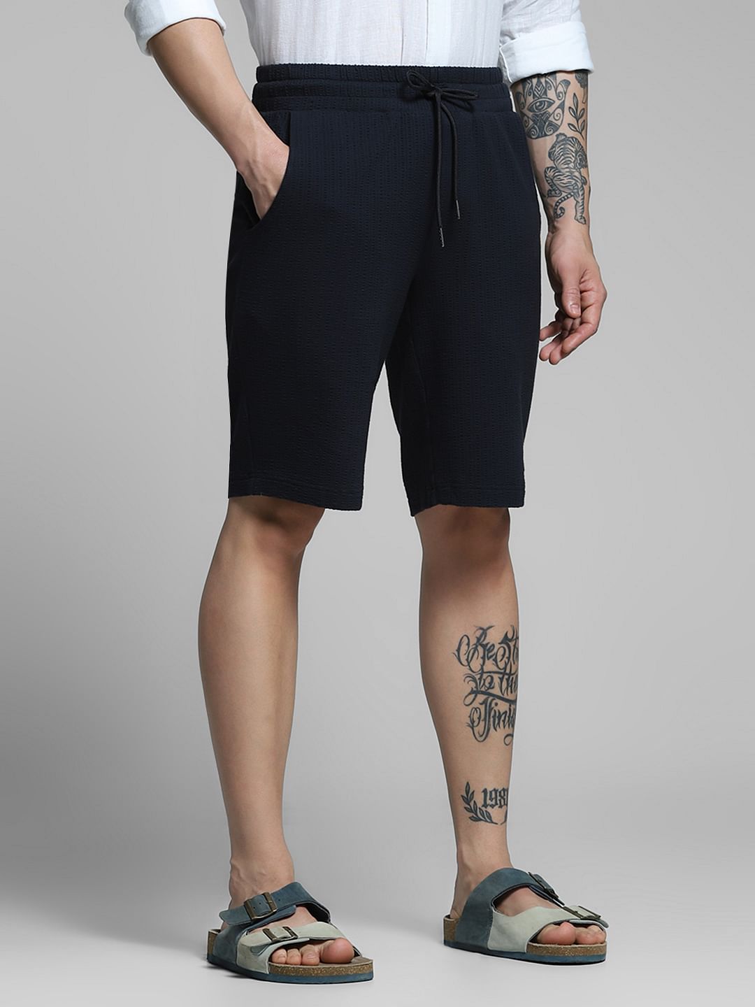 Navy Blue Mid Rise Cotton Shorts