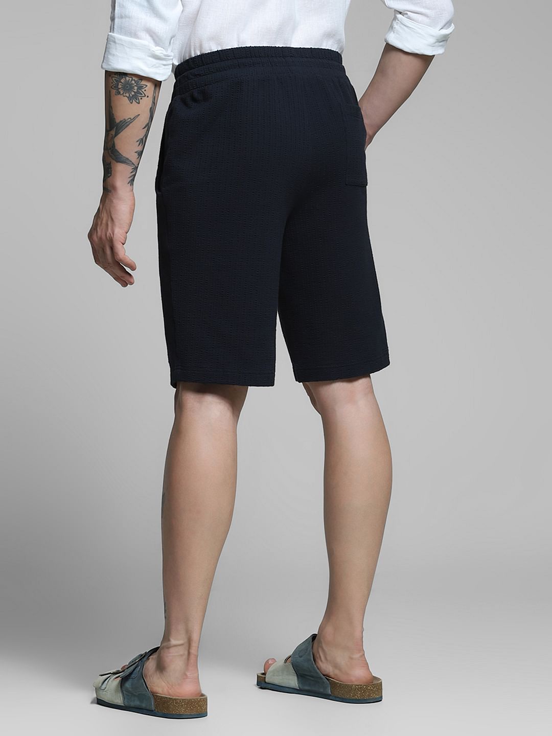 Navy Blue Mid Rise Cotton Shorts