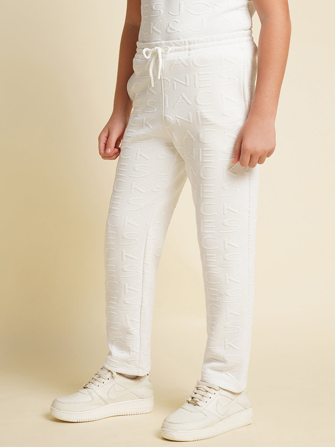 Boys White Cotton Joggers With Drawstring Waist And 3 Pockets