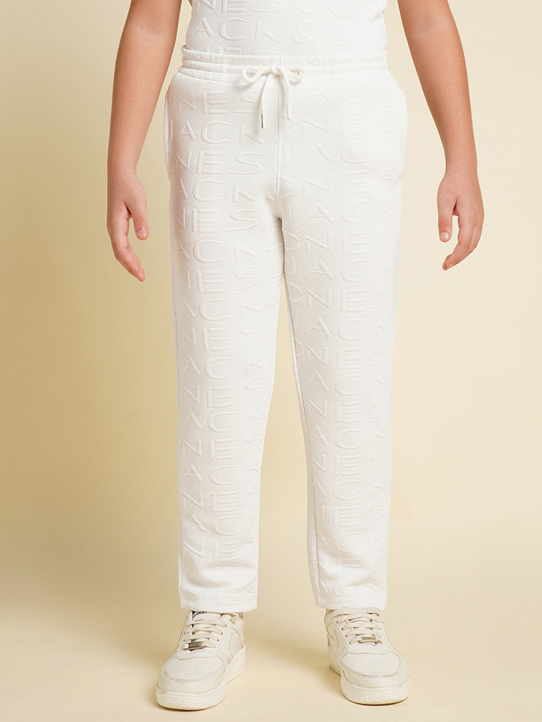 Boys White Cotton Joggers With Drawstring Waist And 3 Pockets