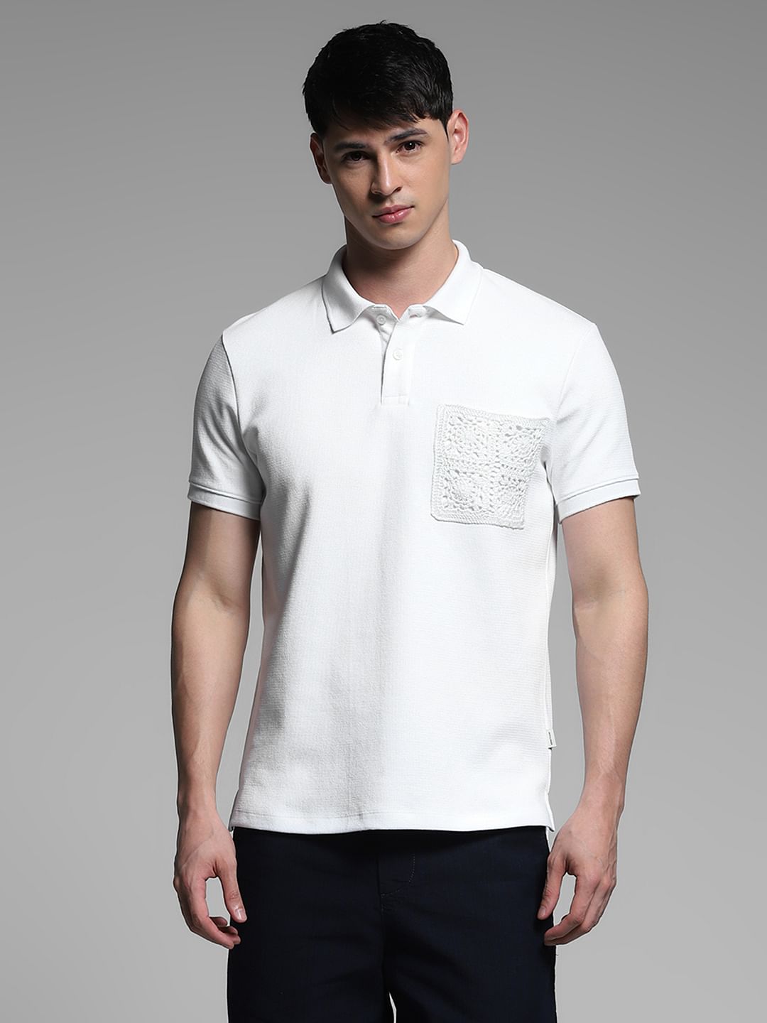 White Embroidered Pocket Polo