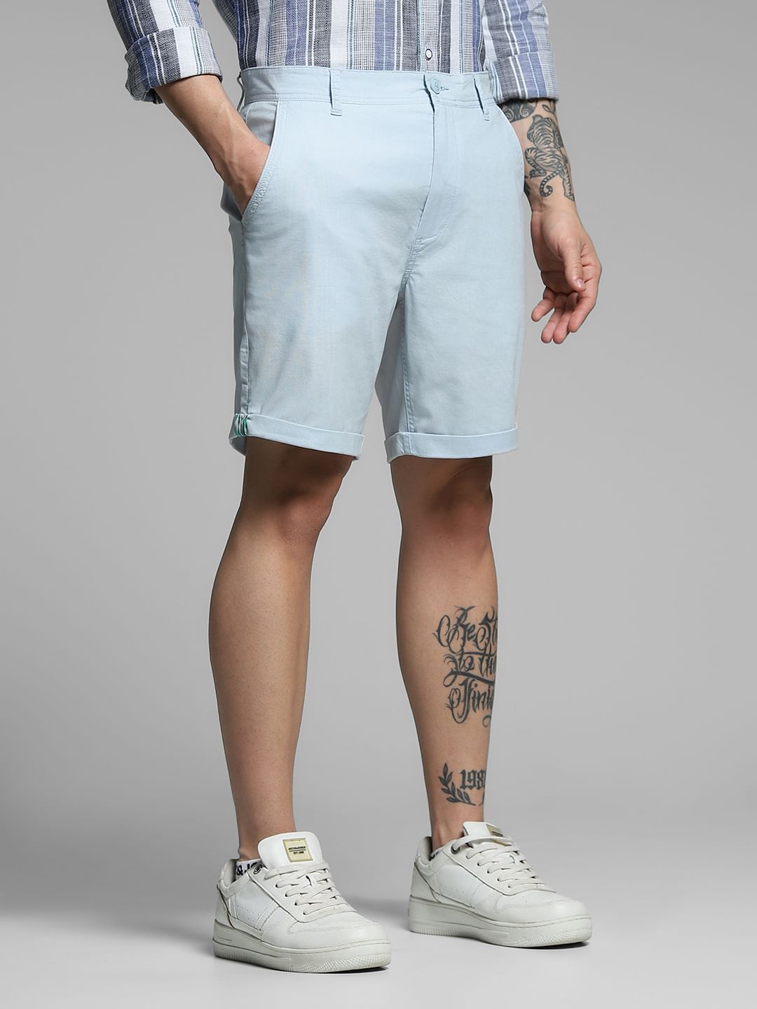 Blue Mid Rise Cotton Shorts