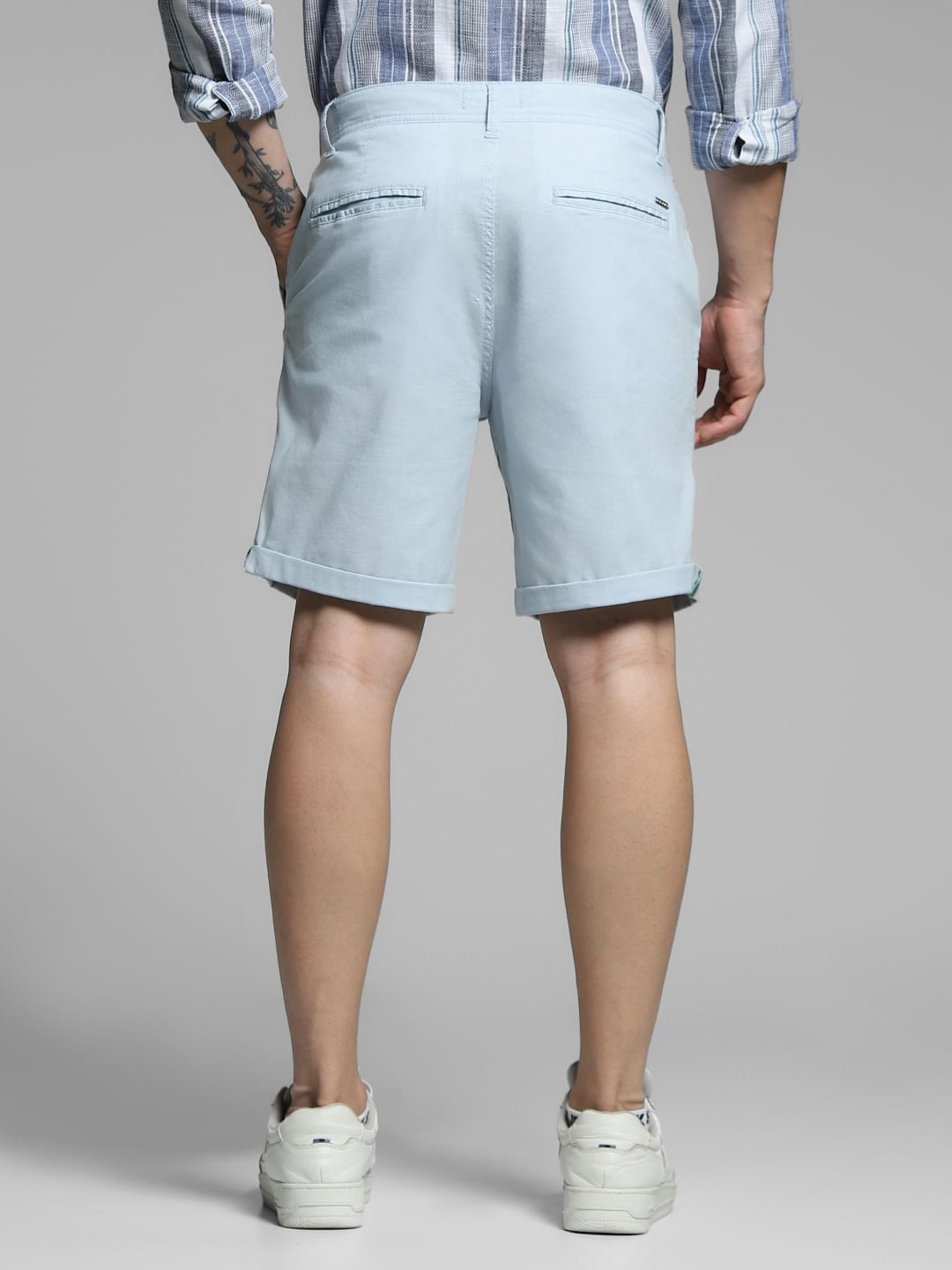 Blue Mid Rise Cotton Shorts