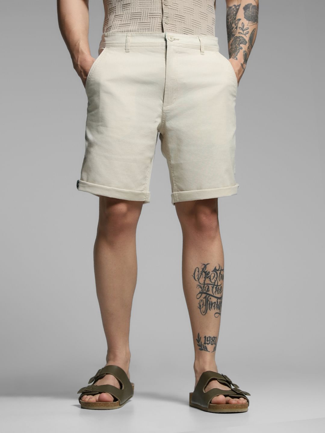 Beige Mid Rise Cotton Shorts