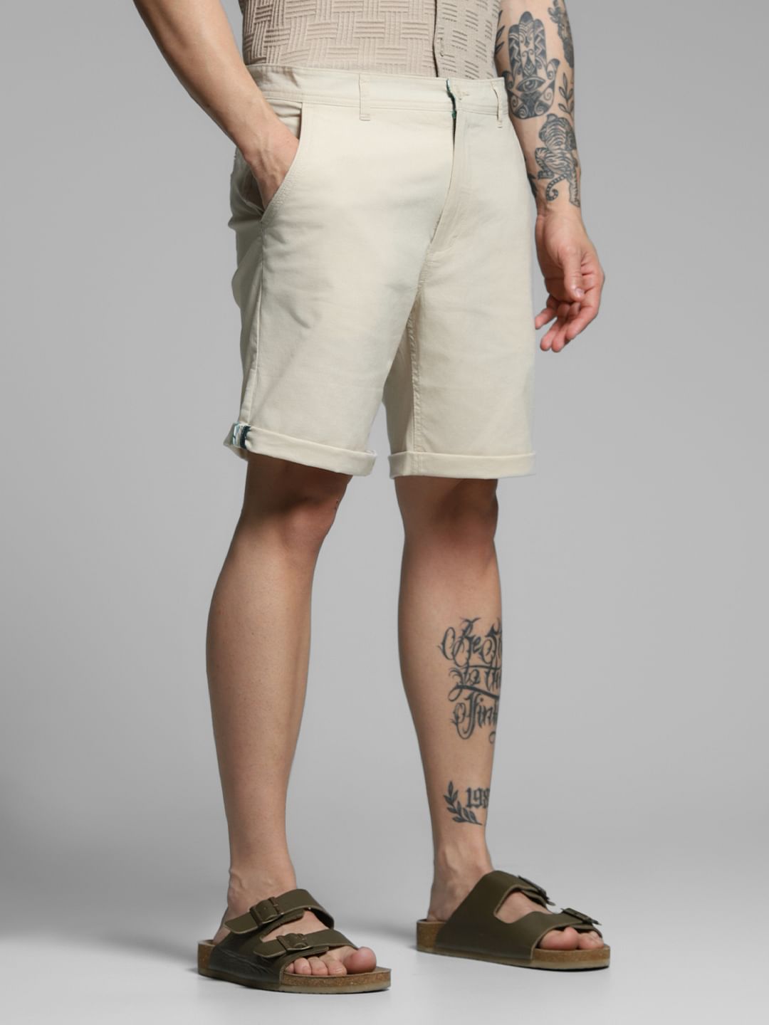 Beige Mid Rise Cotton Shorts