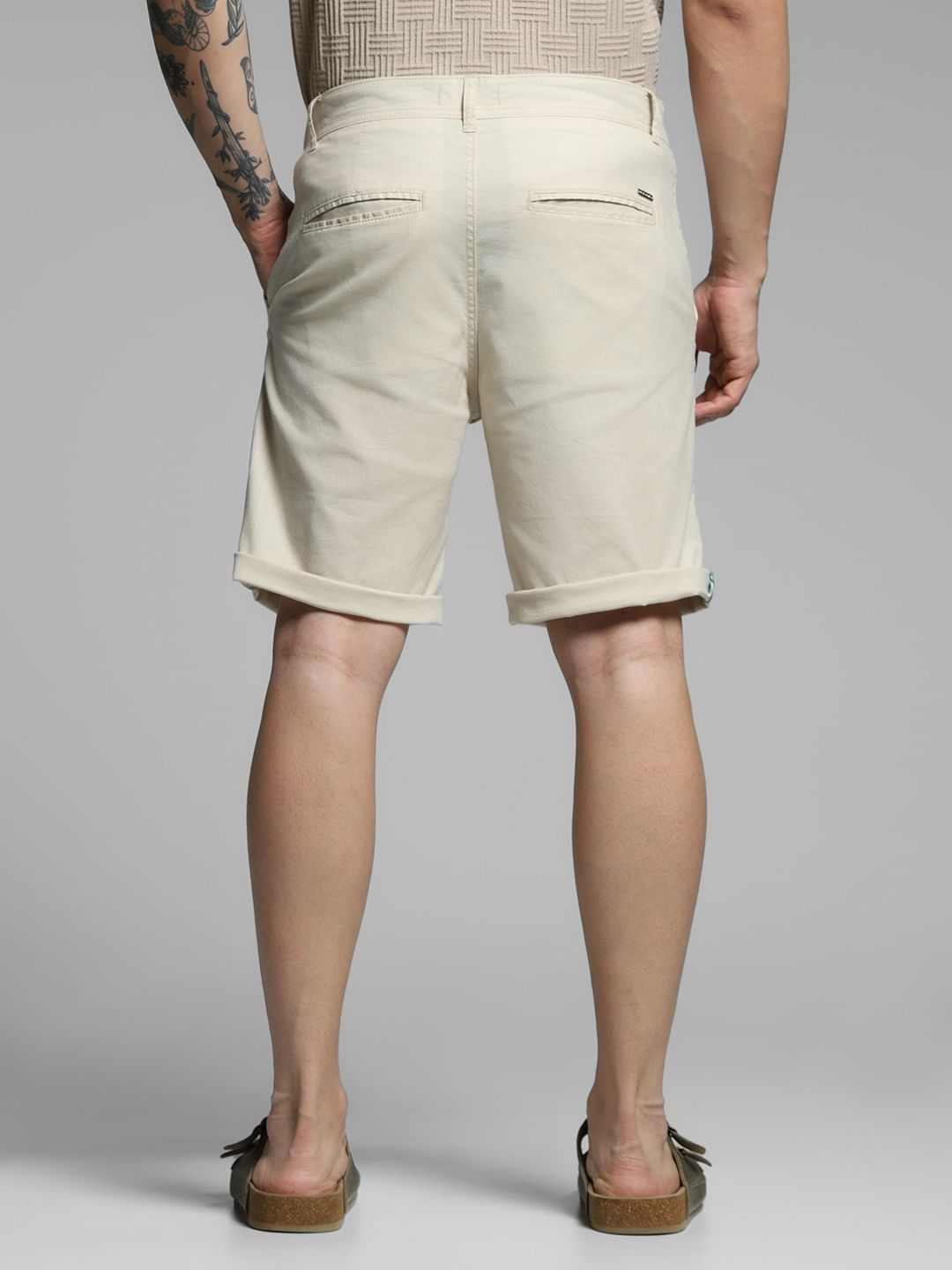 Beige Mid Rise Cotton Shorts