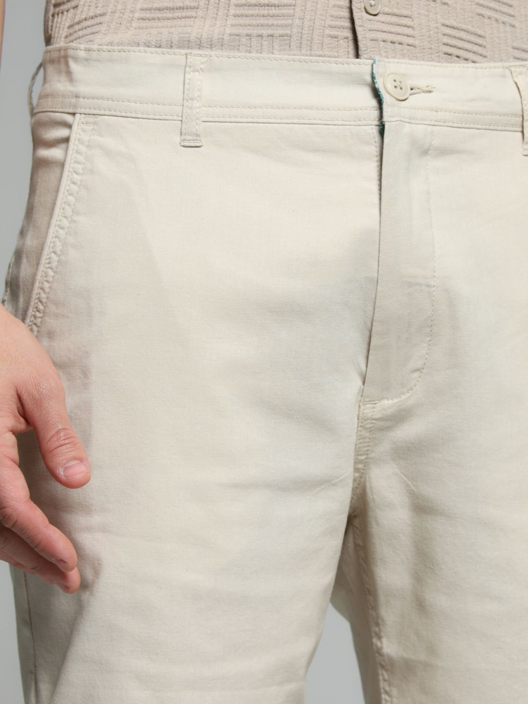 Beige Mid Rise Cotton Shorts