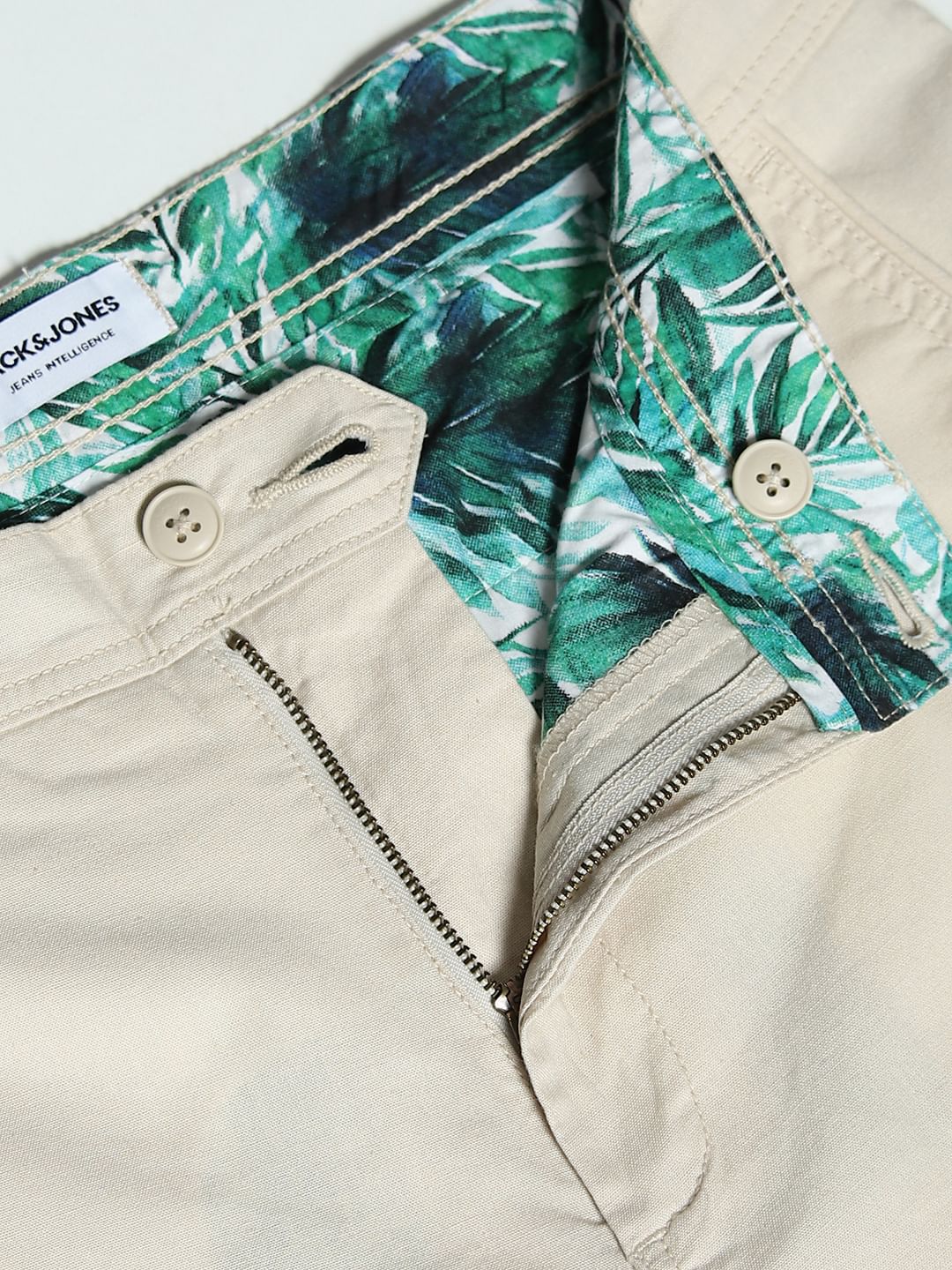 Beige Mid Rise Cotton Shorts