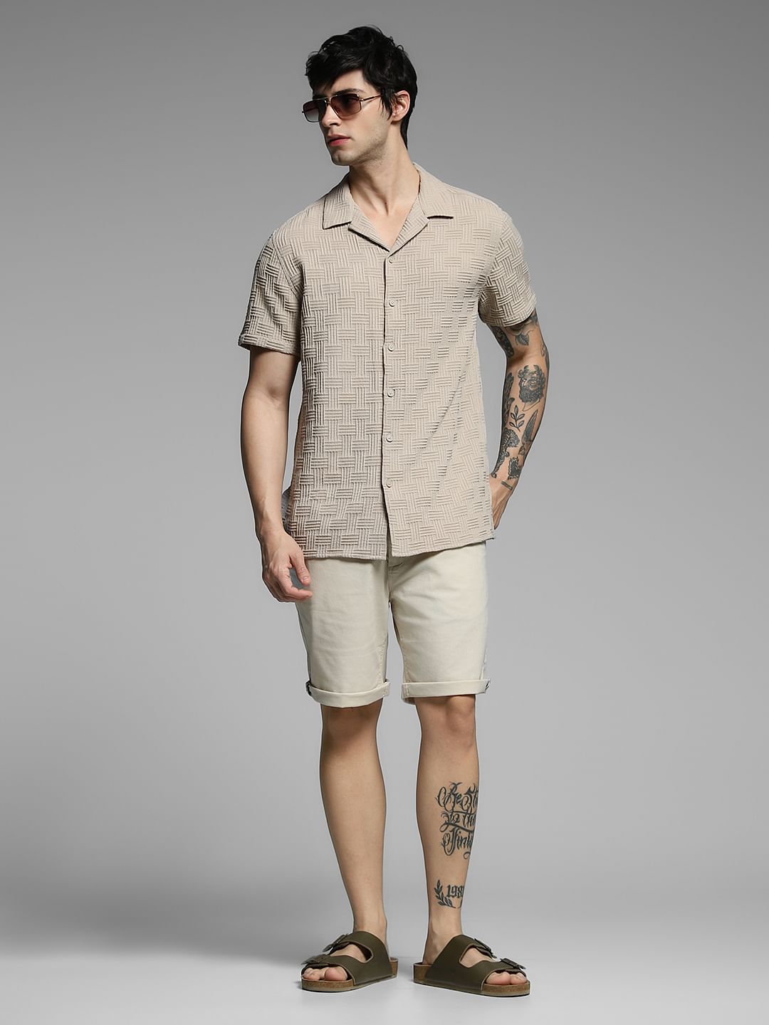 Beige Mid Rise Cotton Shorts