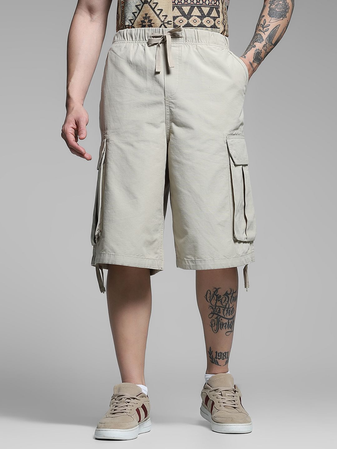 Beige Mid Rise Cargo Jogger Shorts