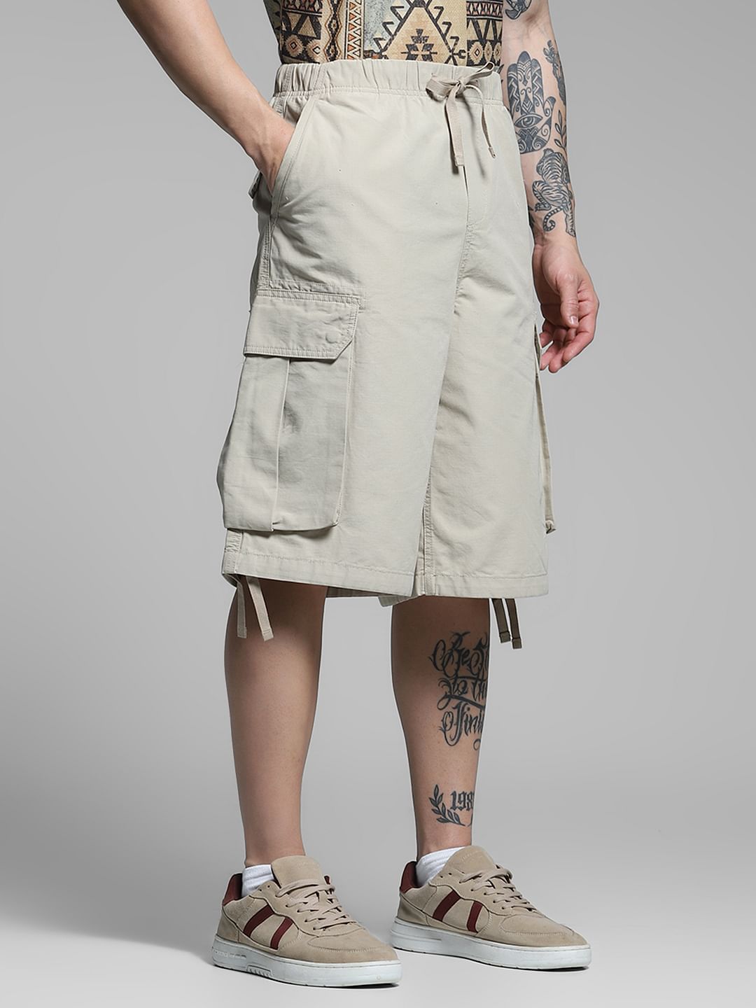 Beige Mid Rise Cargo Jogger Shorts