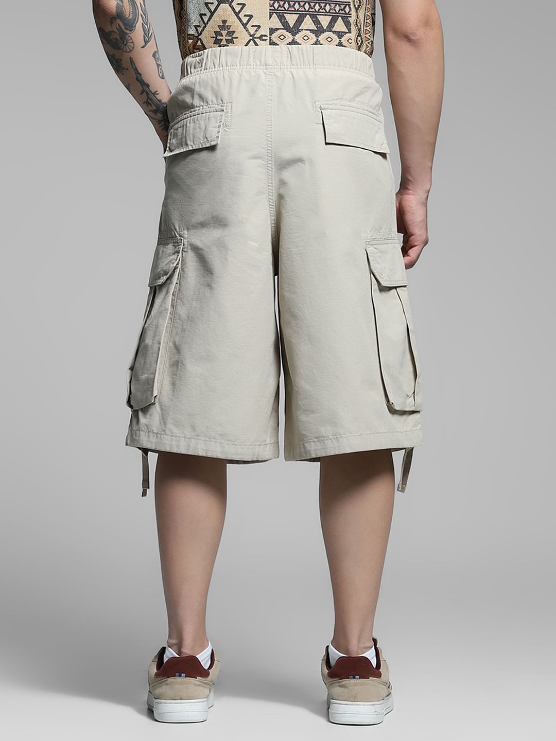 Beige Mid Rise Cargo Jogger Shorts