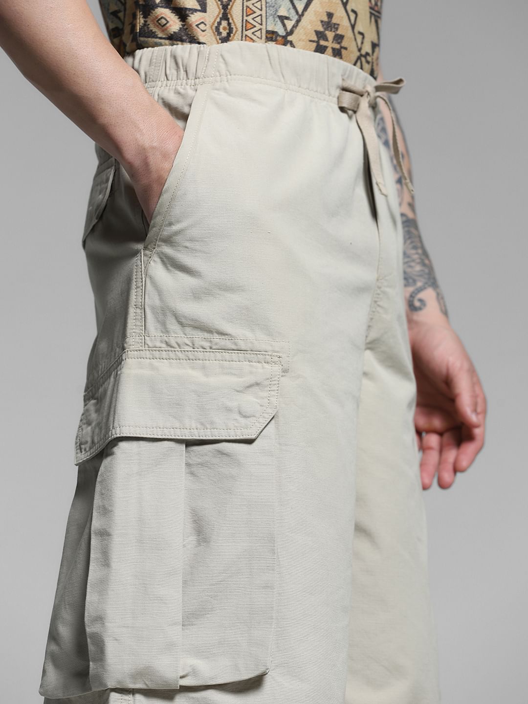 Beige Mid Rise Cargo Jogger Shorts