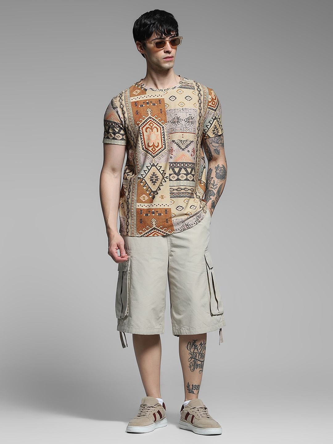 Beige Mid Rise Cargo Jogger Shorts