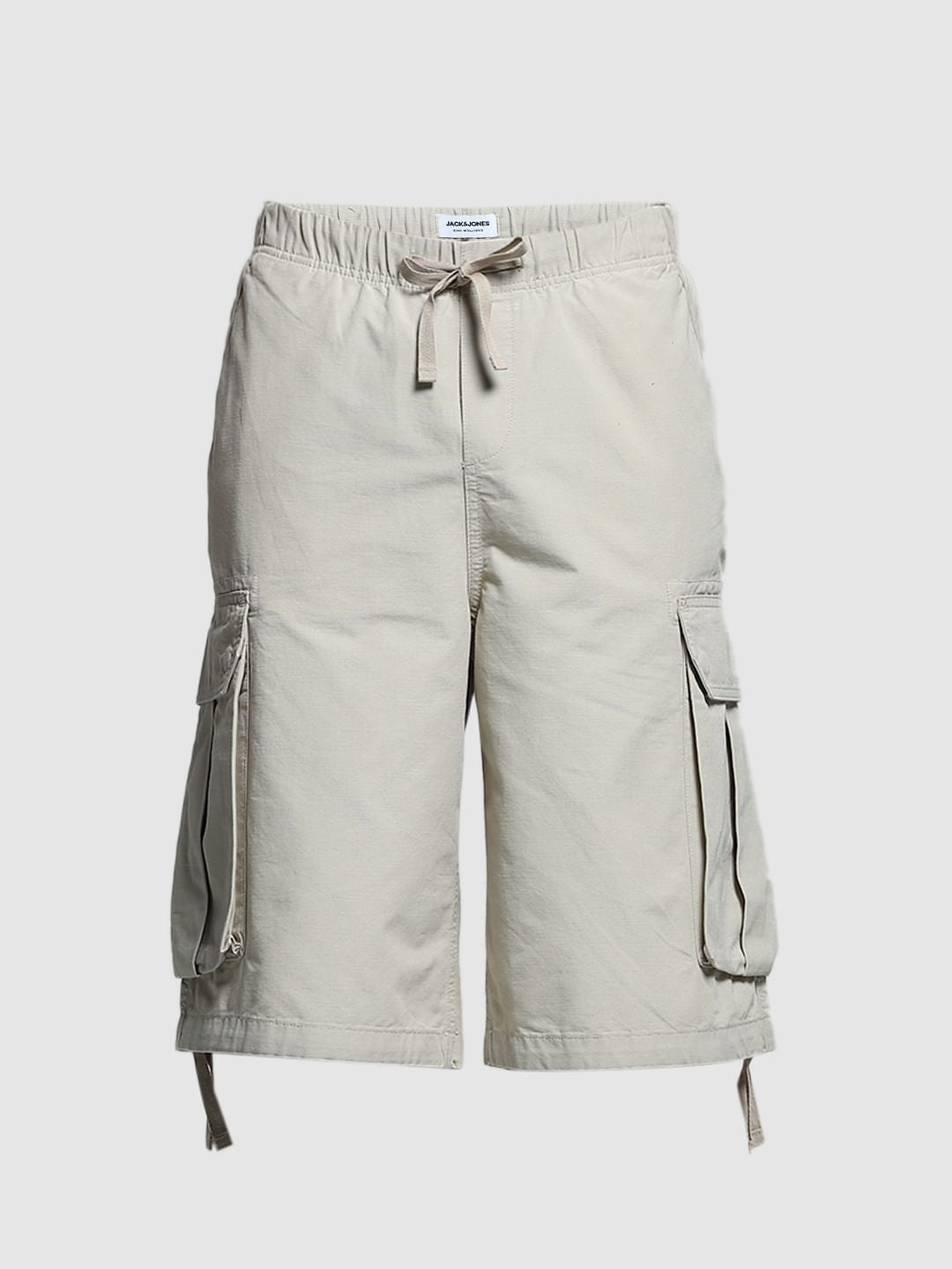 Beige Mid Rise Cargo Jogger Shorts