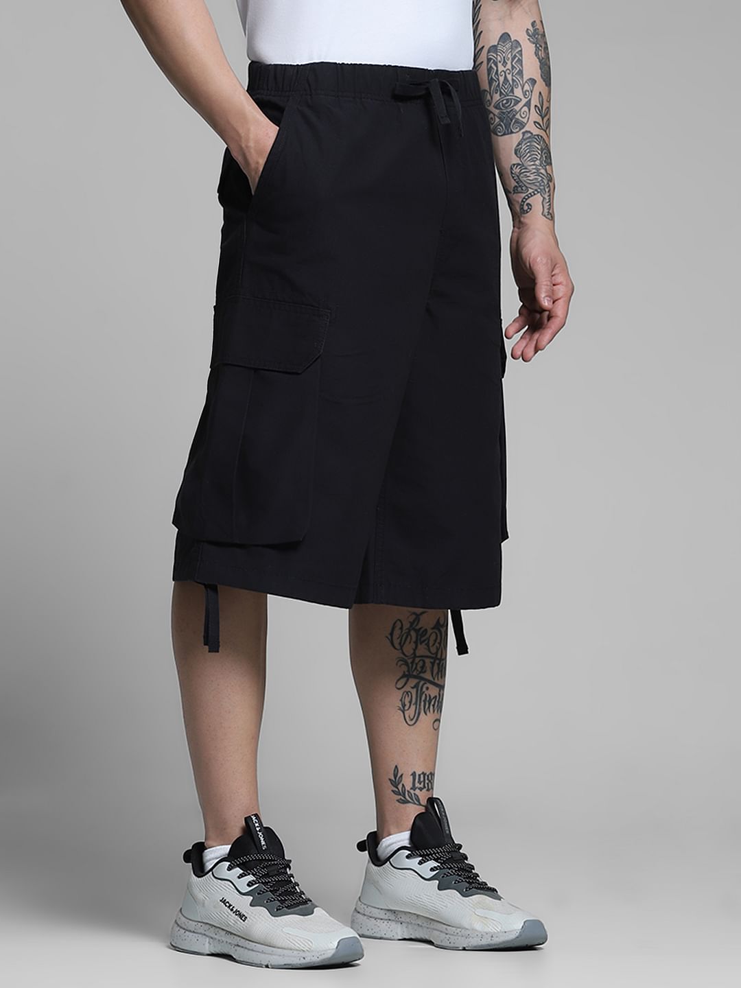 Black Mid Rise Cargo Jogger Shorts
