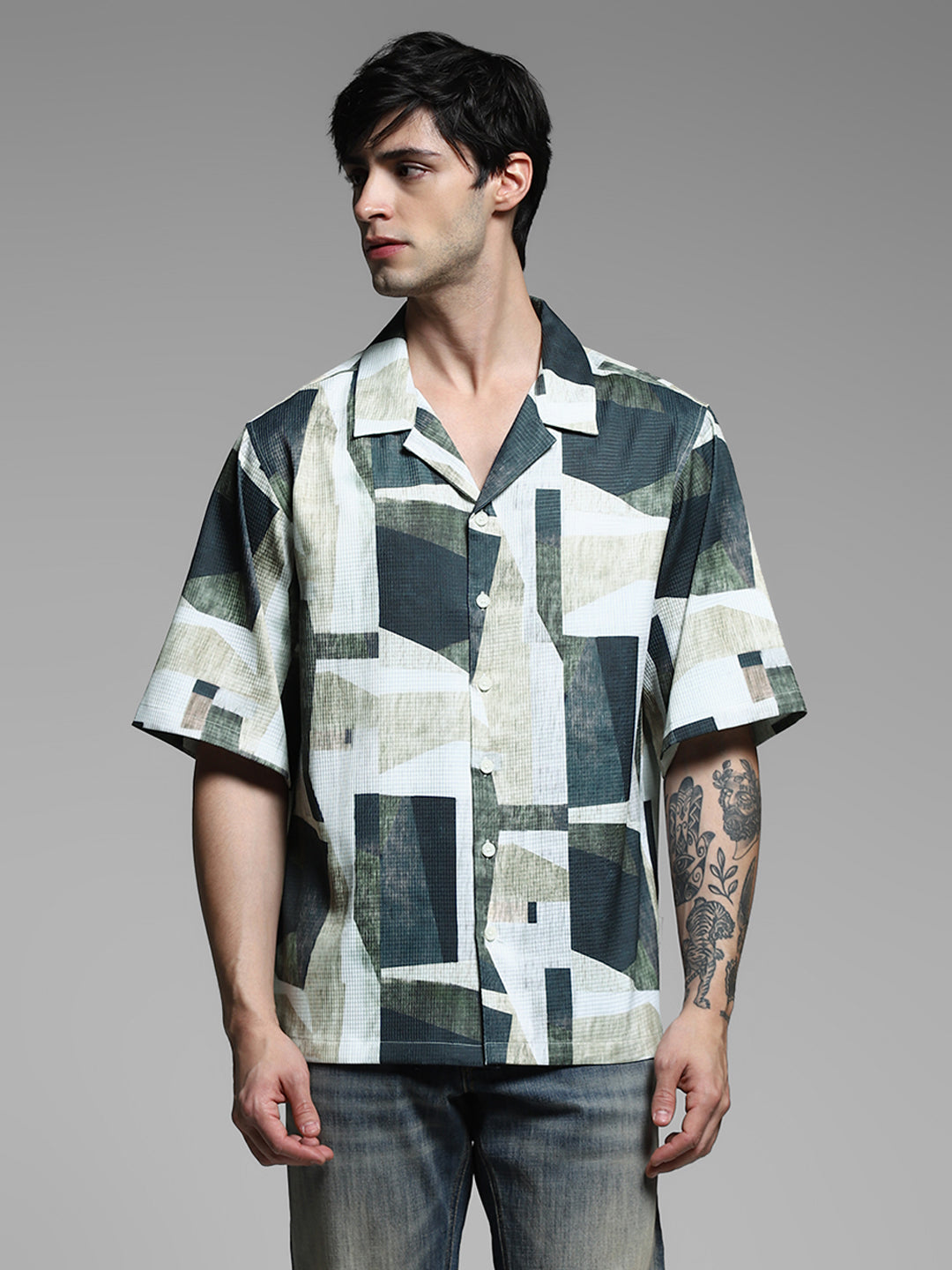 Green Printed Oversized Shirt